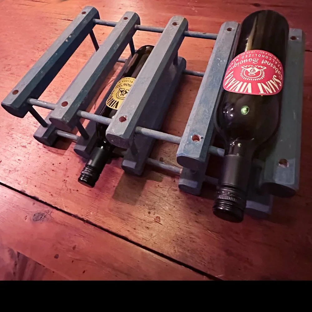 Blue Wood Distressed Wine Rack Holds 4 Bottles